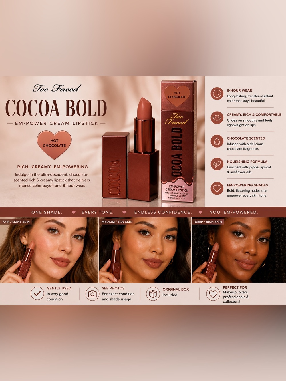 Too Faced Cocoa Bold Em-Power Cream Lipstick — Hot Chocolate (Brown)